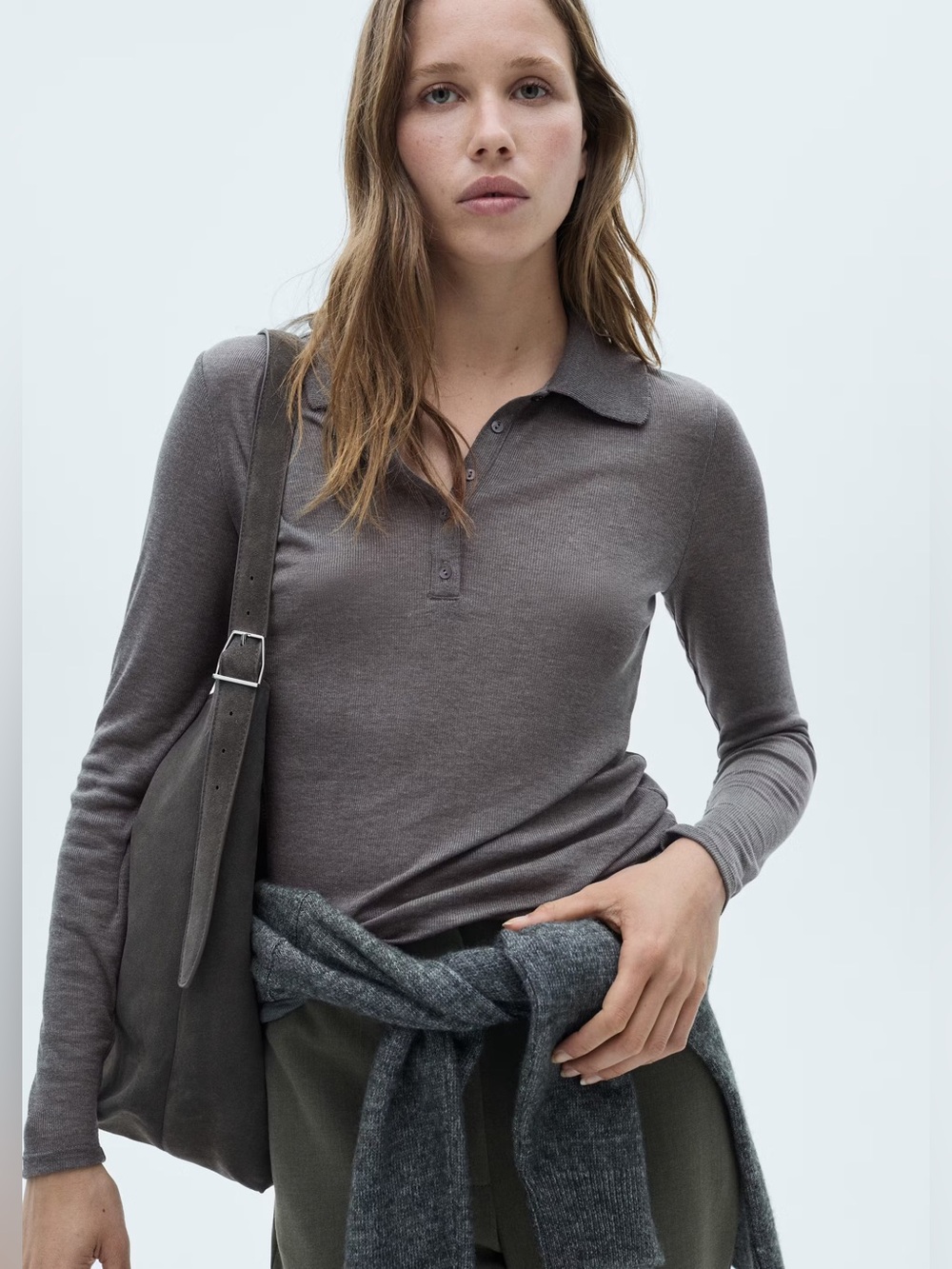 Mango Grey button-down collar polo shirt NWT